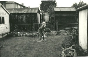 Mother bowling from the Washing Line End on a damp wicket.